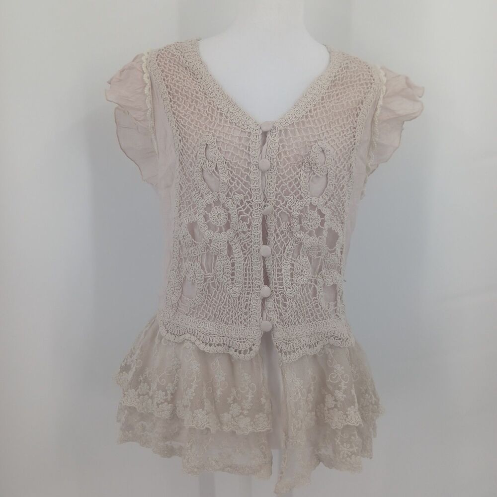 womans pretty angel size medium blush pink cream lace button front tie back top